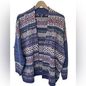Chaps XXL Blue Pink Southwestern Aztec Open Cardigan Sweater GUC